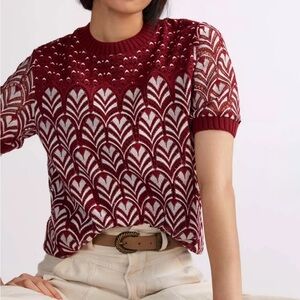 Anthropologie Daniel Rainn Burgundy Patterned Short Sleeve Knit Top M